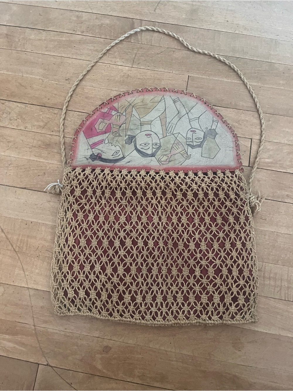 Vtg 1970s Madhubani HandPainted Jute leather macrame SlingBag Authentic Folk Art - Picture 6 of 12